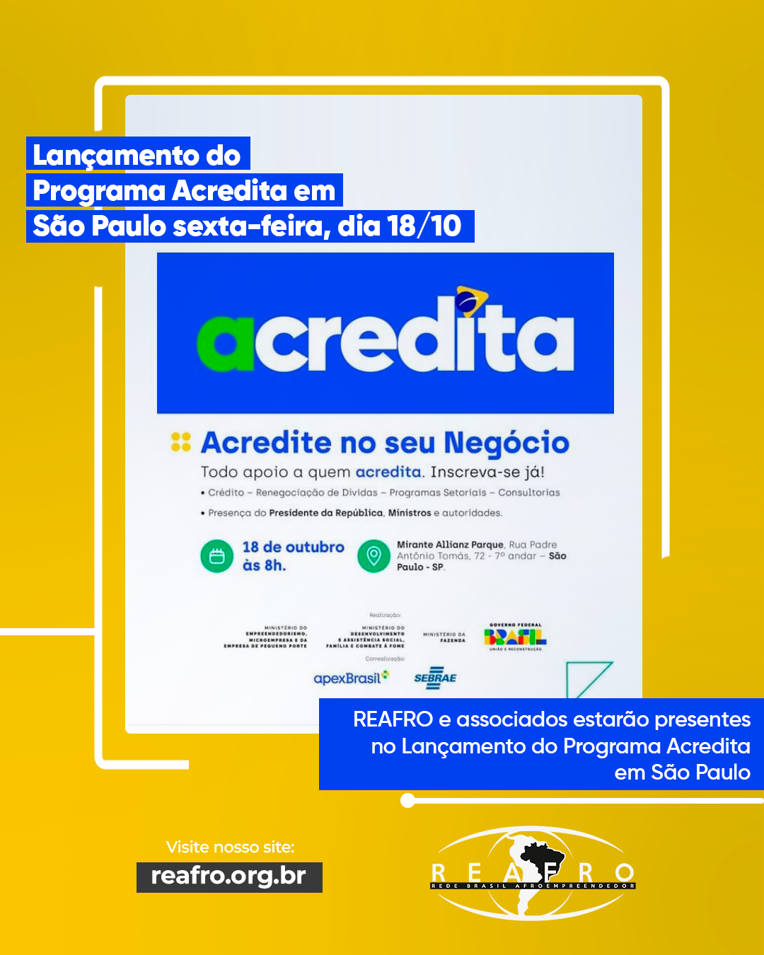 REAFRO e associados estarão presentes no Lançamento do Programa Acredita em São Paulo